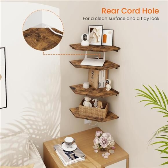 Corner Shelf Wall Mount,Set of 4Floating Corner Shelves with Cord Hole for Cable - Picture 7 of 8